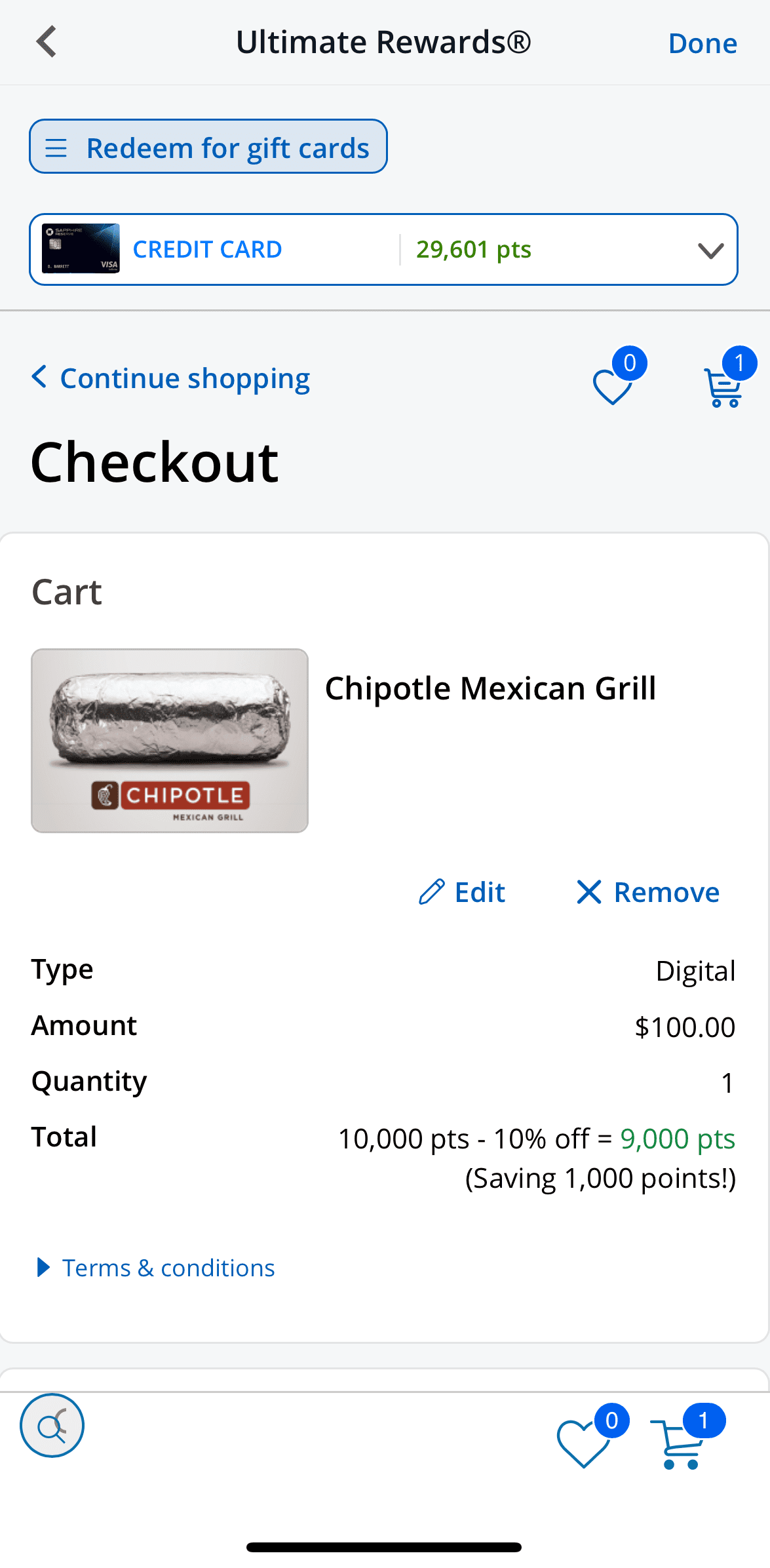 Chase Sapphire Reserve book Gift Card to Chipotle Example