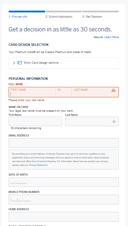 amex platinum application step 1
