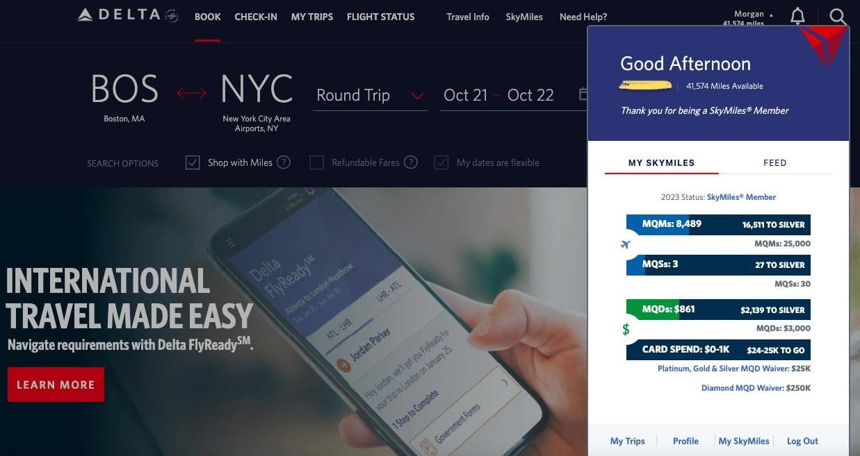 Delta SkyMiles points status and elite progress