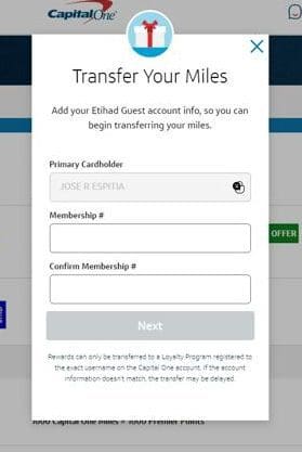 transfer Capital One miles to Etihad - add membership