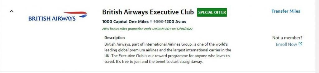 Example: transfer Capital One miles to British