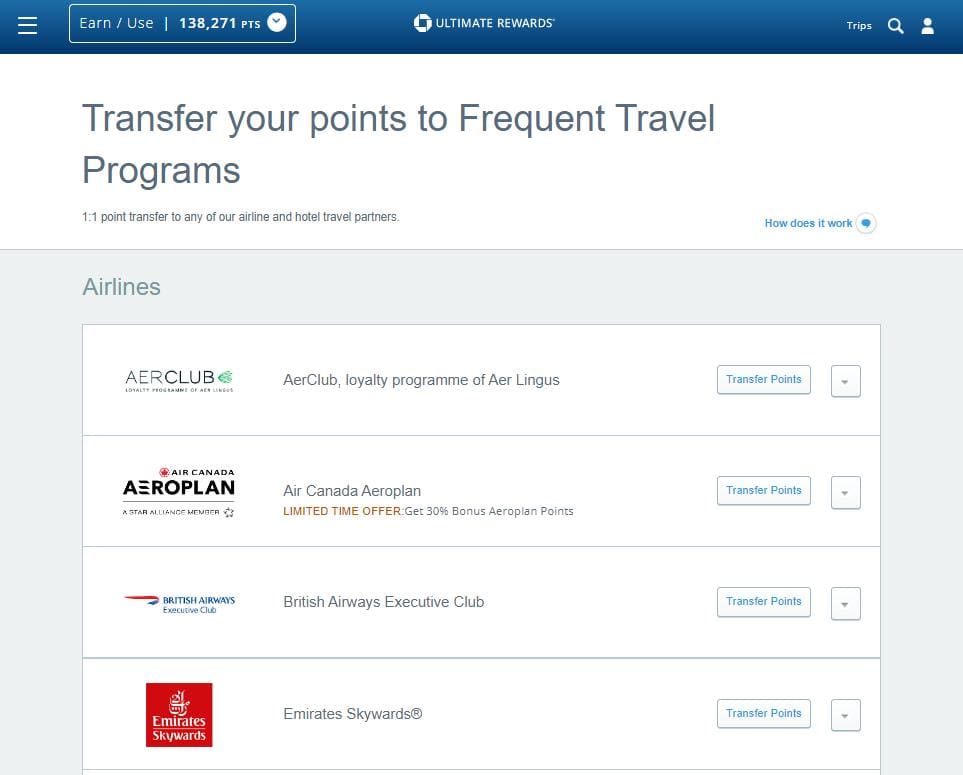 transfer points to airline travel programs on Chase Ultimate rewards
