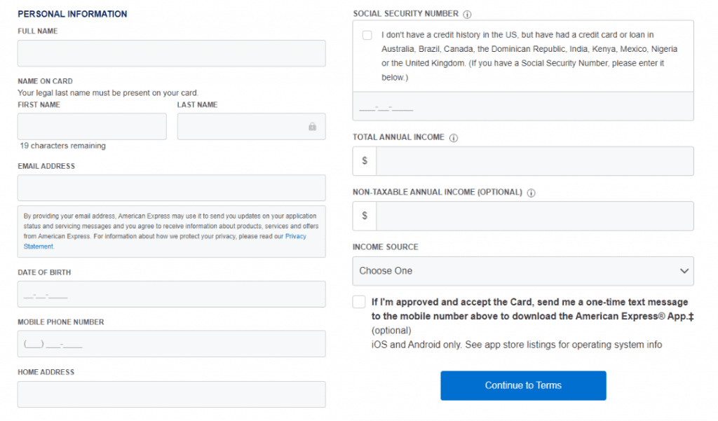 Amex pre approval personal and financial info