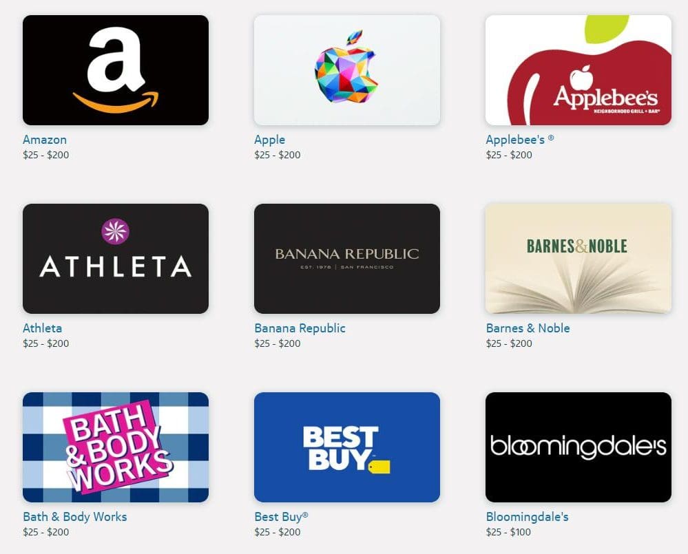 List of gift cards available when redeeming Capital One rewards