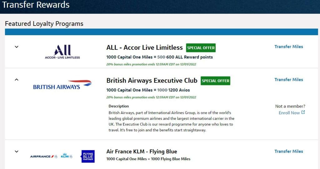 transfer Capital One miles to airline partners - list