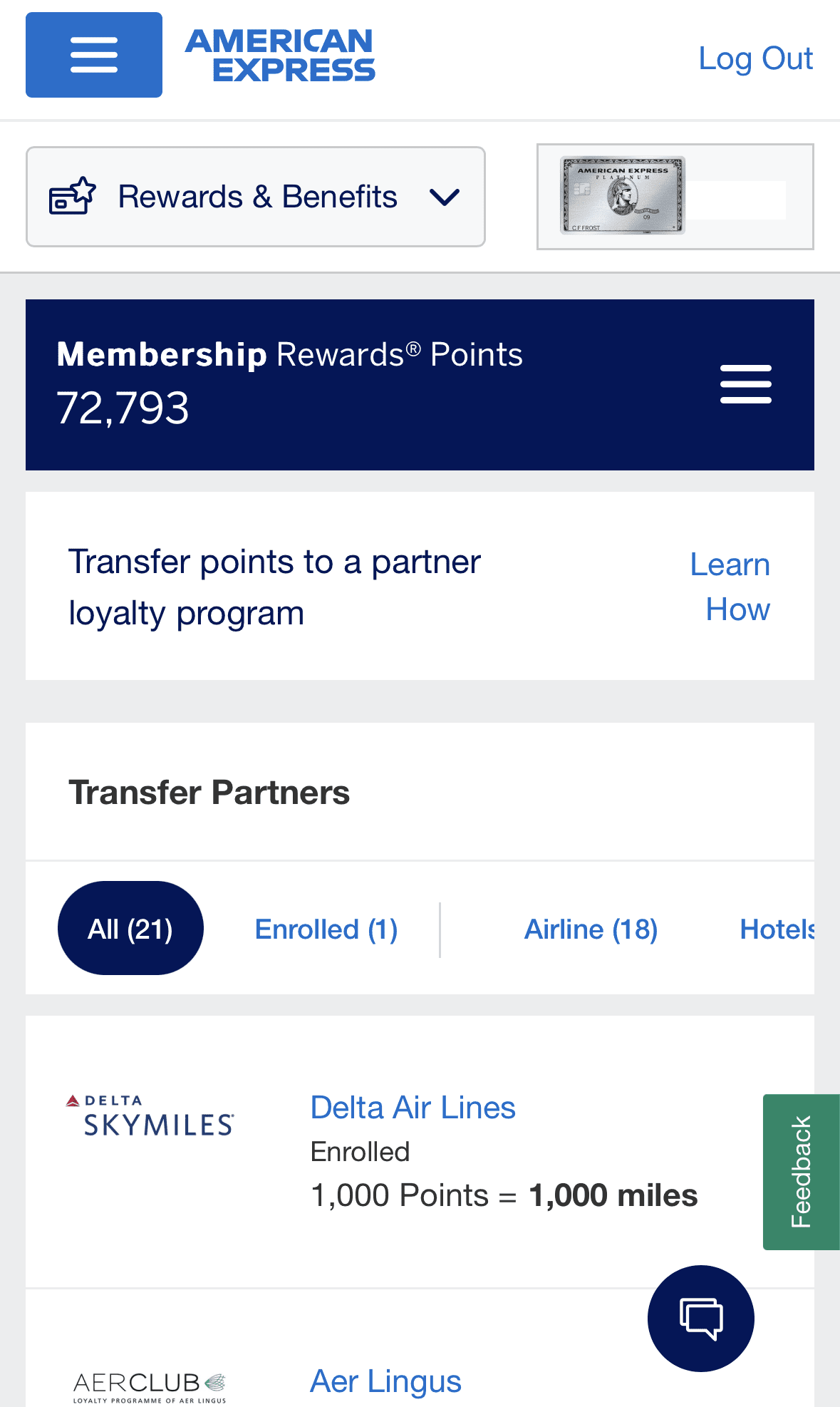 Amex Platinum transfer to airline