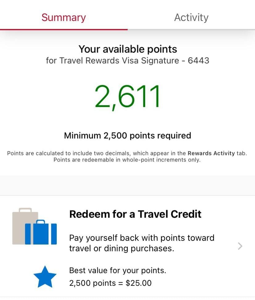 BoFa card available points to redeem