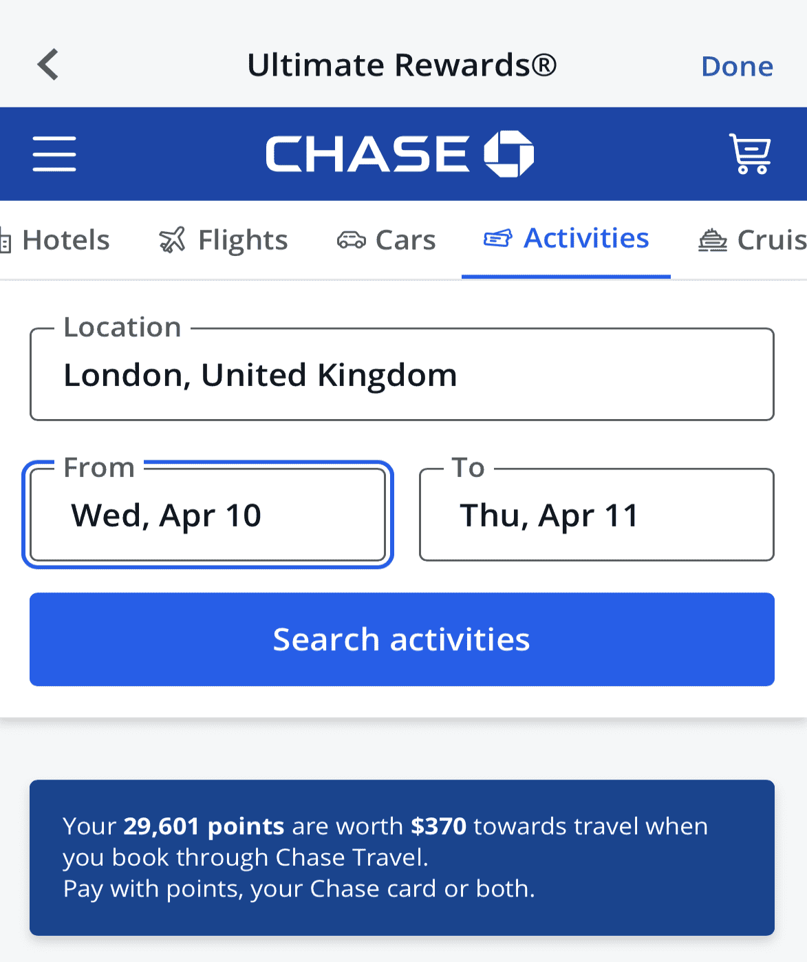 Chase redeem points for Activities