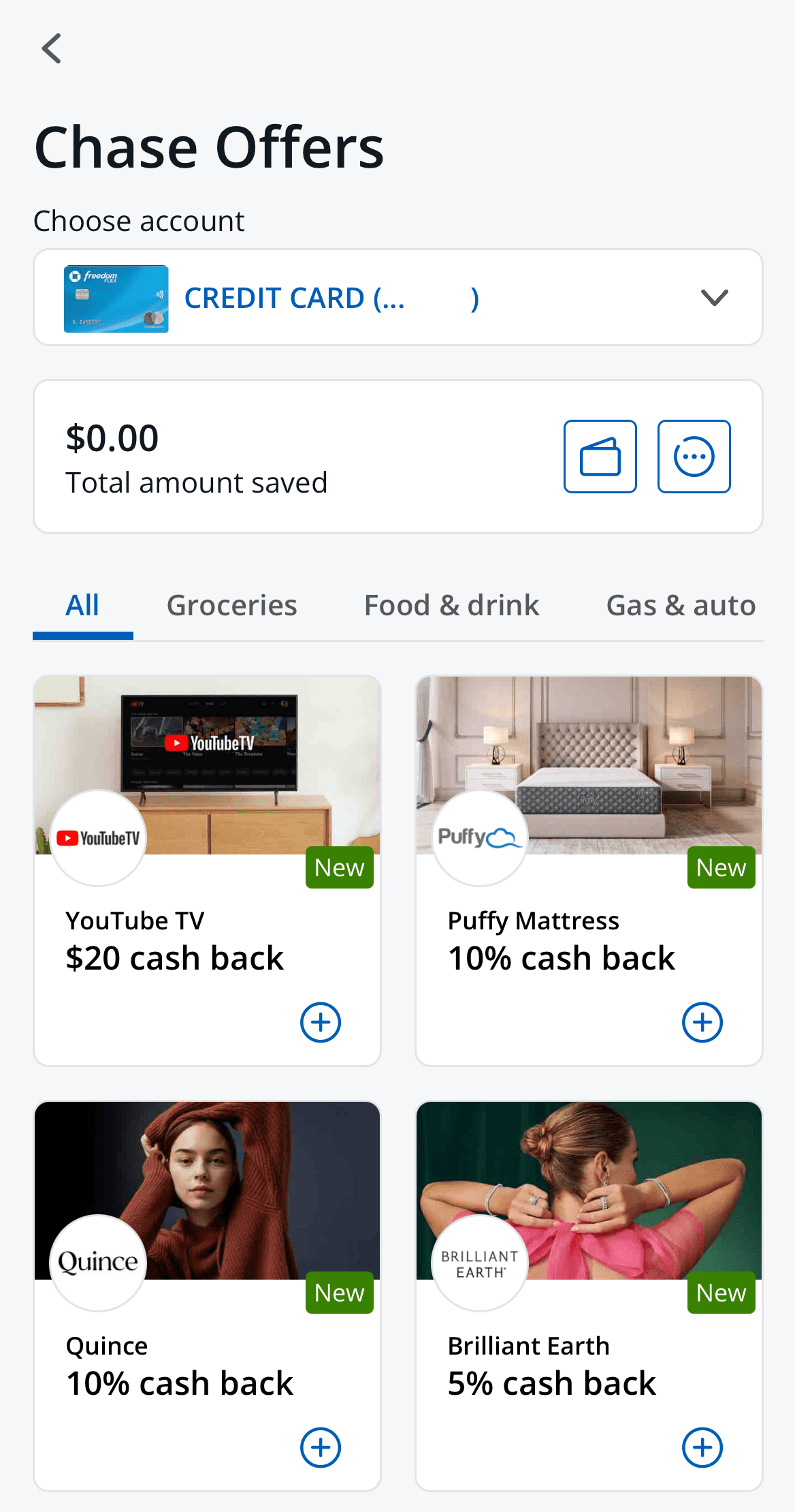 Chase Freedom Flex high cash back offers on Chase app