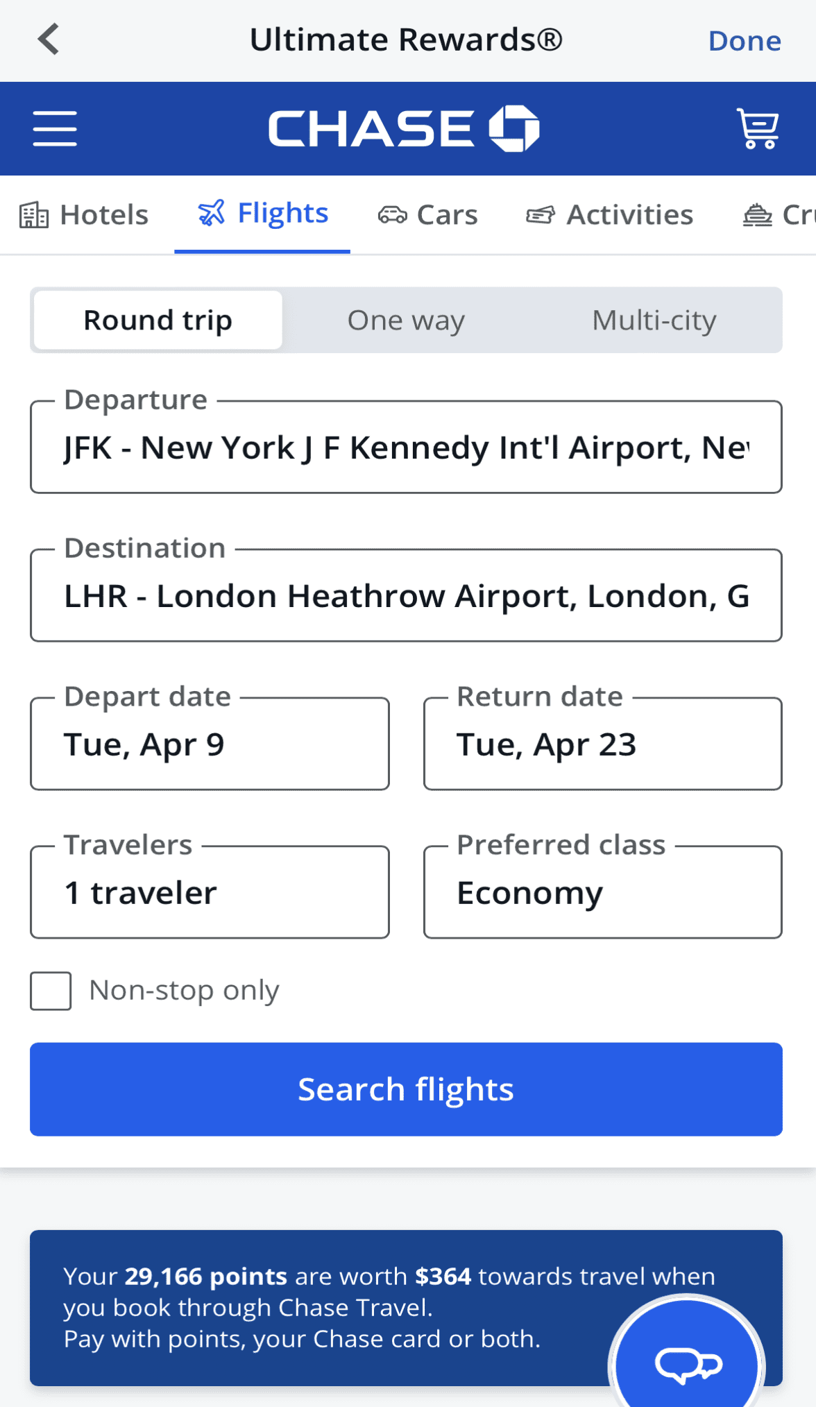 Chase Travel Portal redeem points for flight