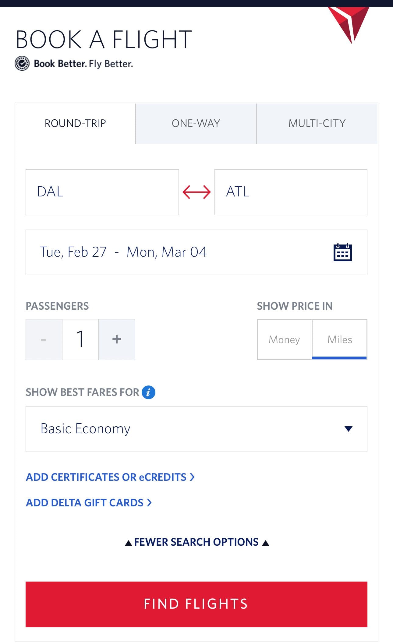 Search For Flights on Delta Website