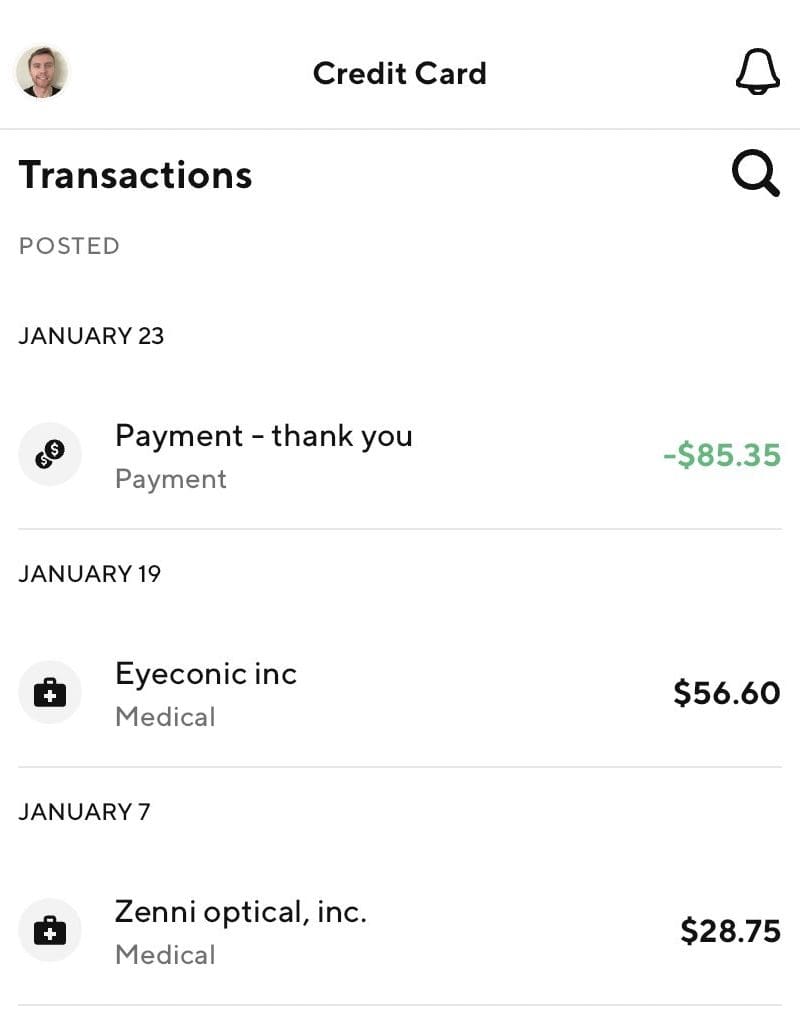 SoFi credit card transactions view