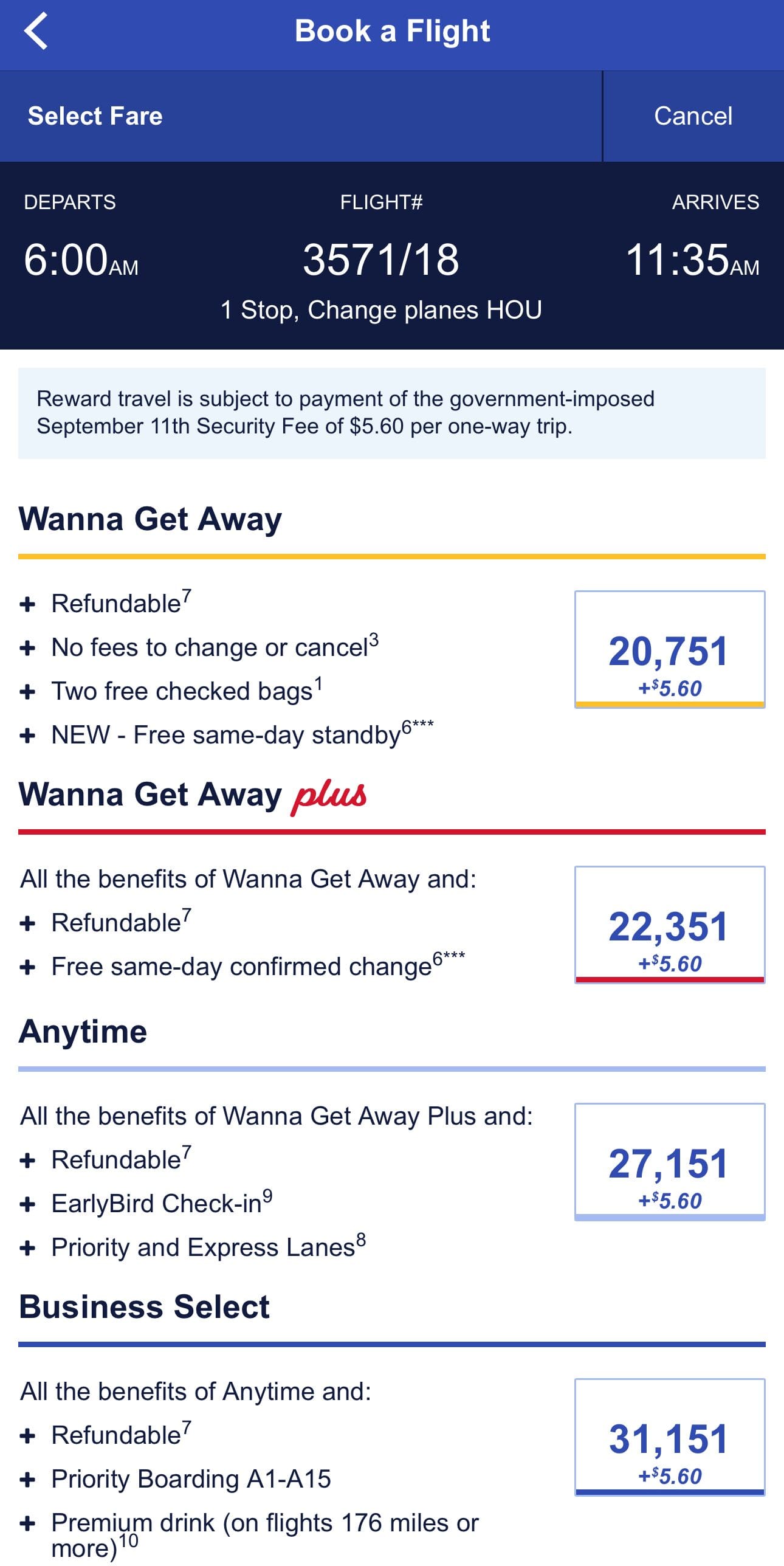 Southwest Premier card Book redeem points
