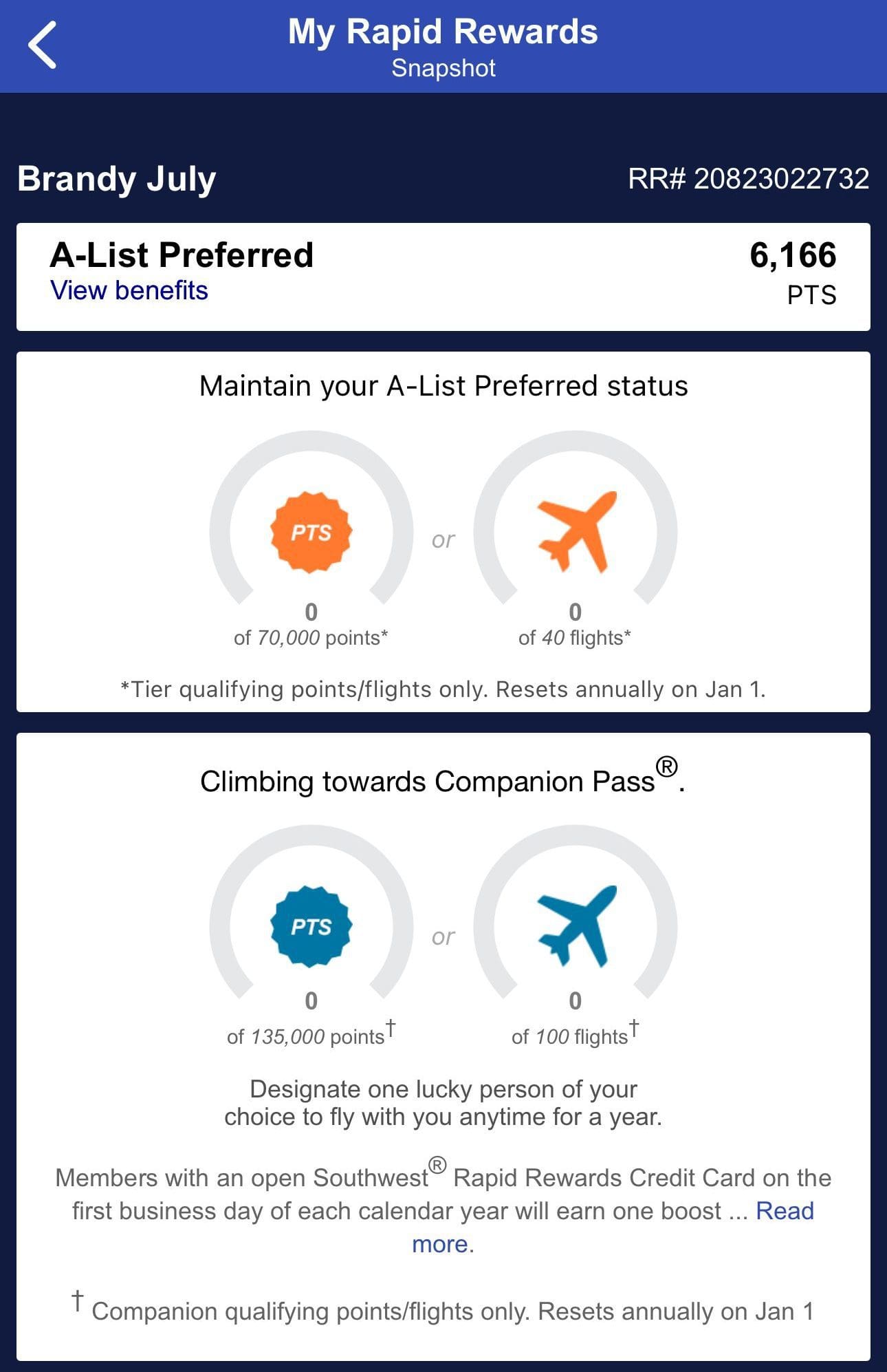 Southwest a progress towards Companion pass and A-List Status