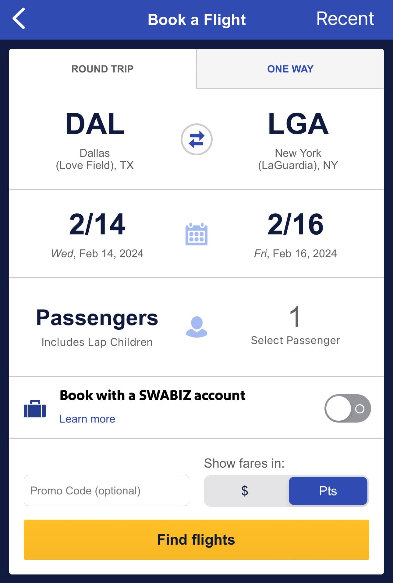 Find and redeem points for Southwest flights