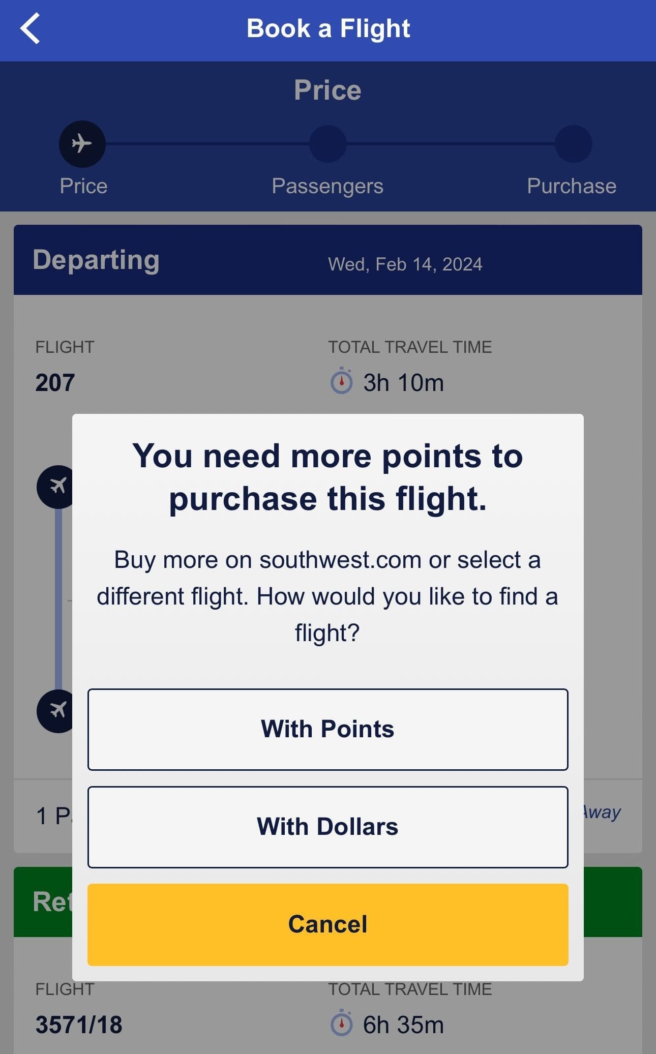 Southwest insufficient points note